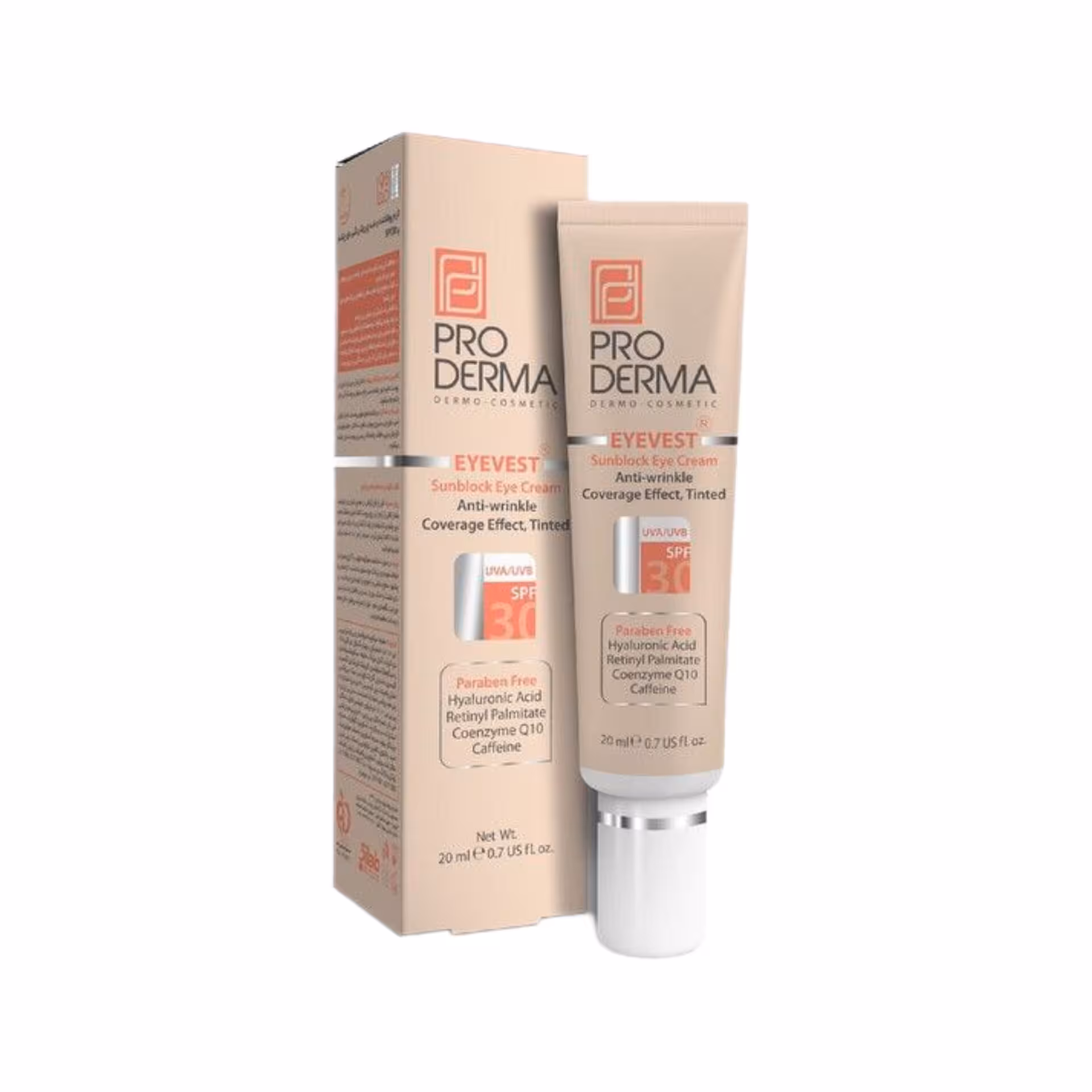 پوشاننده وضدچروک رنگی دورچشم eyevest پرودرما حجم 20میلی لیتر
