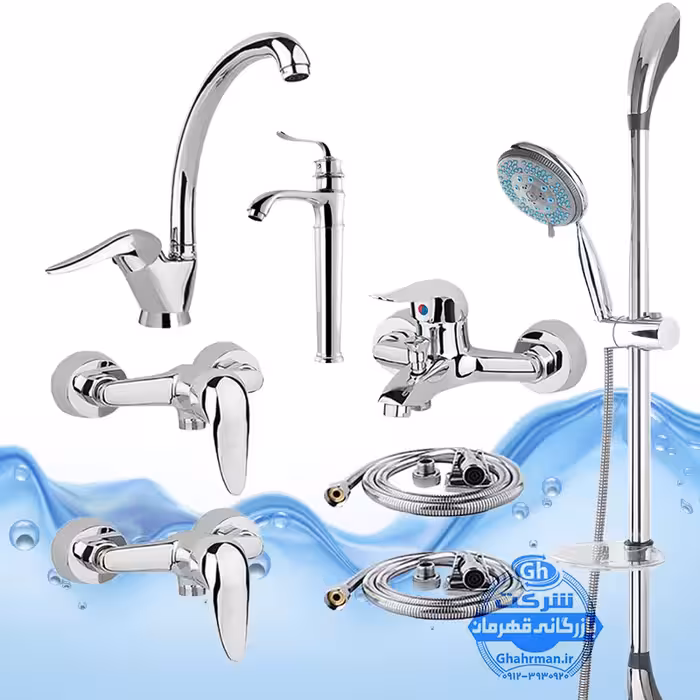 ست 8 عددی شیرآلات برند آیدا صنعت مدل قهرمان اردکی | شیر ظرفشویی   روشویی پایه‌بلند   حمام   دو عدد توالت   علم دوش یونیکا متحرک ضد رسوب   دو شلنگ توالت | کروم براق