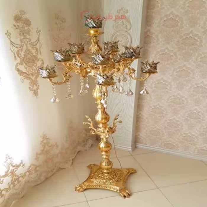 آباژور شاخه کوچک دوگل، 4 شاخه 9 روشنایی، ساخته شده از جنس آلومینیوم با آبکاری برنز