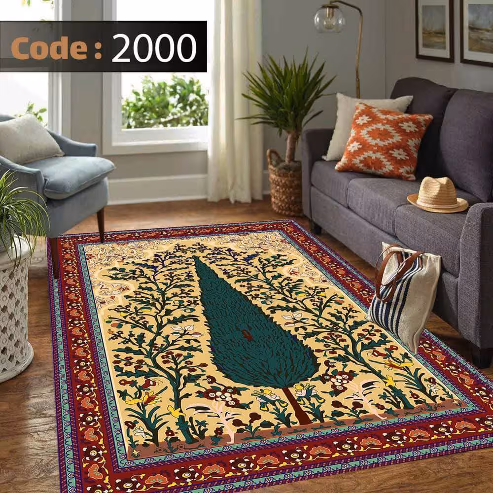 کاورفرش روفرشی دورکشدار گوشه لیفه ای کرم  قهوه ای کد 2000