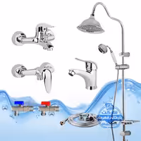 ست 7 عددی شیرآلات برند آیدا صنعت مدل قهرمان | شیر روشویی   حمام   توالت   علم دوش شیپوری   شلنگ توالت   2 عدد شیر پیسوار | کروم براق