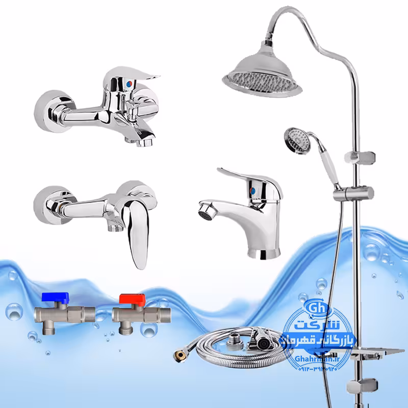 ست 7 عددی شیرآلات برند آیدا صنعت مدل قهرمان | شیر روشویی   حمام   توالت   علم دوش شیپوری   شلنگ توالت   2 عدد شیر پیسوار | کروم براق