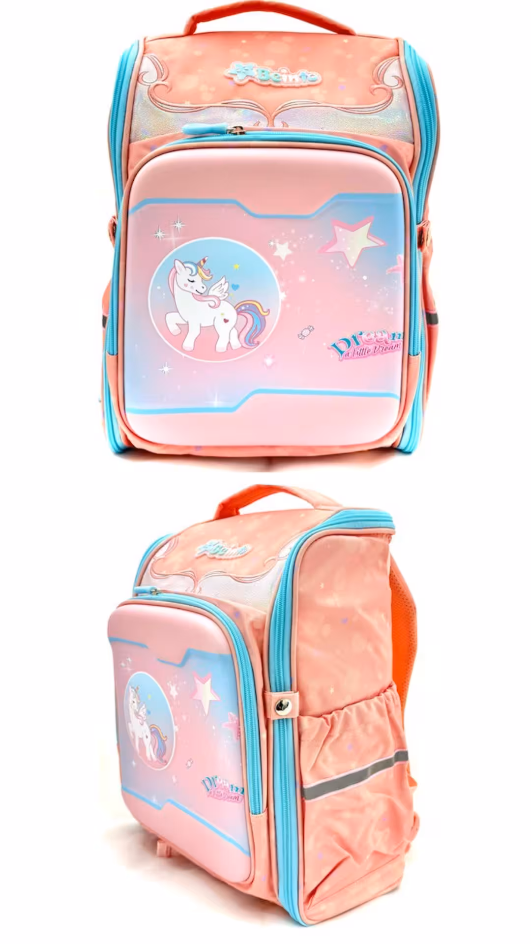 کیف مدرسه دخترانه طرح تکشاخ رویایی اسب بالدار کارتونی رنگ گلبهی