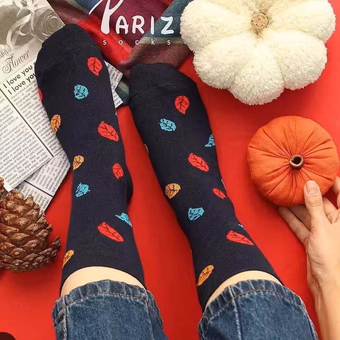 جوراب ساقدار طرح برگ جنس نخ پنبه آنتی باکتریال ضد حساسیت 