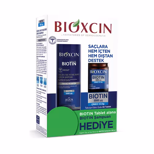 پک شامپو بیوکسین BIOXCIN بیوتین حجم 300 میل و بسته 60 عددی قرص تقویت مو