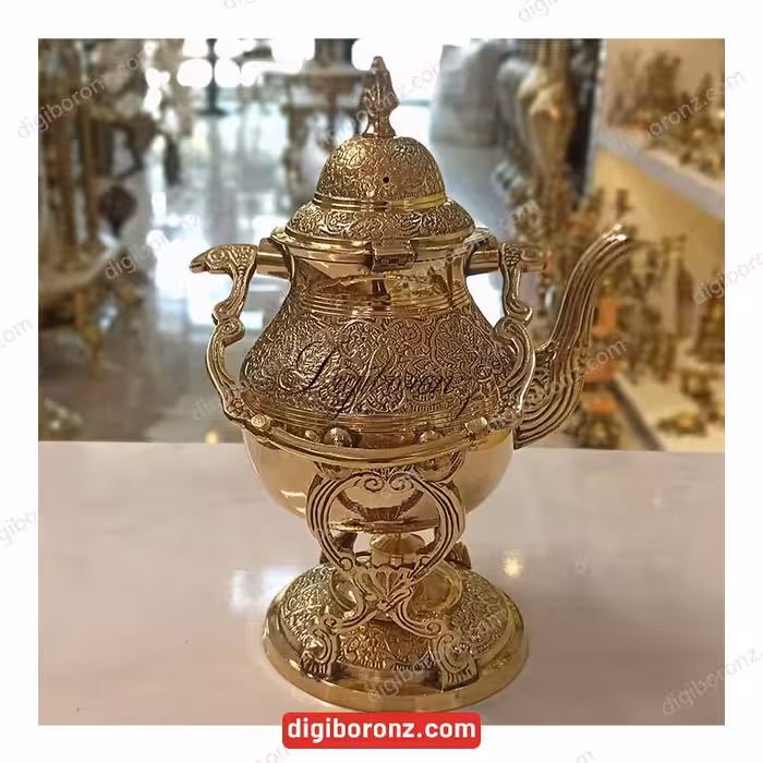 قوری برنجی برنزی وارمر طرح طاووس دو پایه 600 سی سی