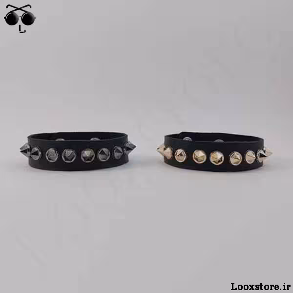 دستبند چرم تیغ دار رنگی طلایی و مشکی
