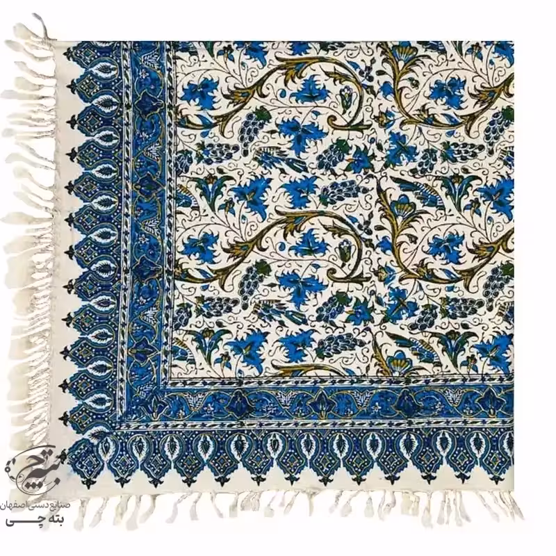 پارچه قلمکار رومیزی بته انگوری آبی
