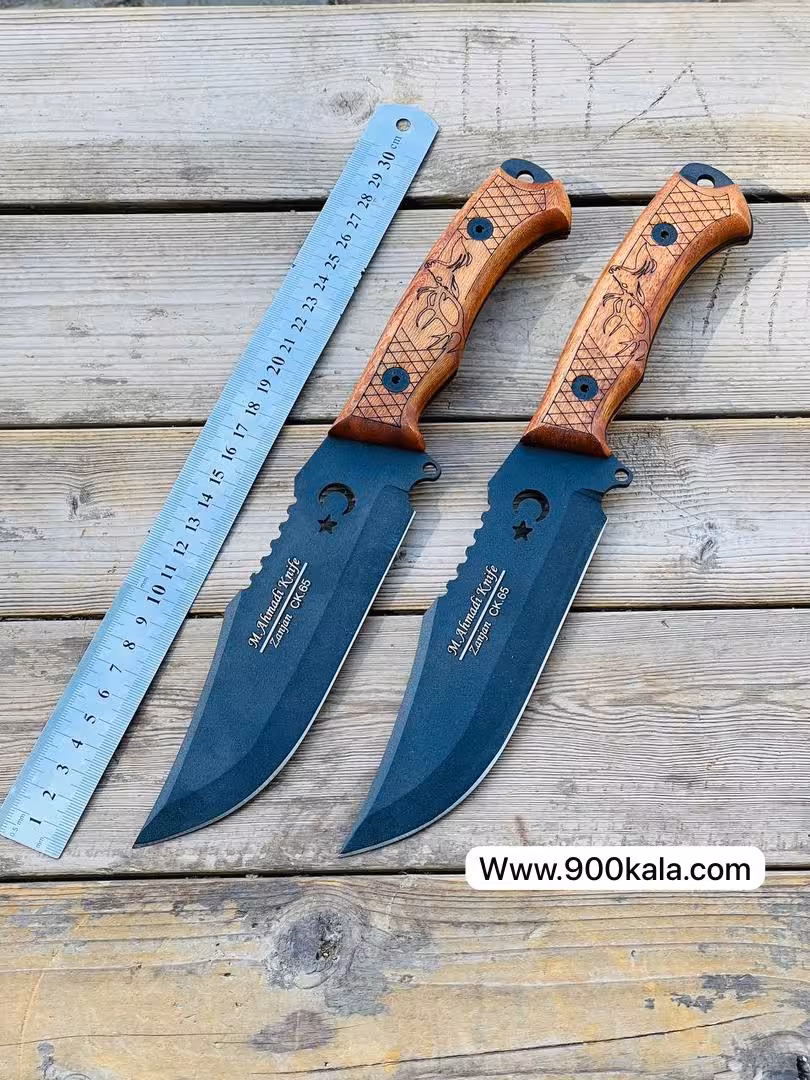 کارد شکاری زنجان  جنس تیغه فولادی  رنگ کوره ی خورده  دسته چوبی