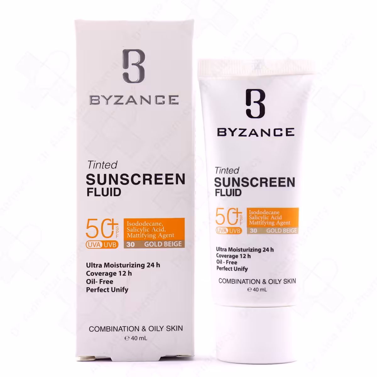 فلوئید ضد آفتاب کرم پودری  SPF50 بژ طلایی مناسب پوست مختلط و چرب بیزانس 40 میلی لیتر
