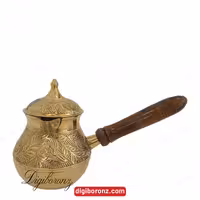 قهوه جوش برنجی برنزی مدل دسته چوبی دردار طرح گل سایز 400 سی سی