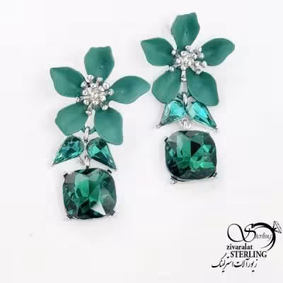 گوشواره گل جواهری سبز نگین الماسی کد 18392
