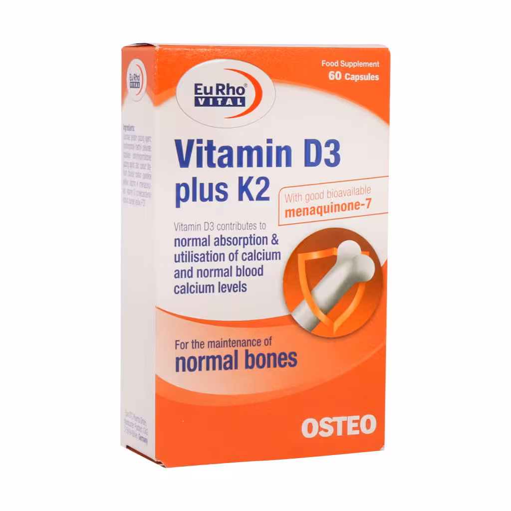 کپسول ویتامین D3 1000 پلاس K2 یوروویتال 60 عدد | Eurho Vital Vitamin D3 1000 IU K2