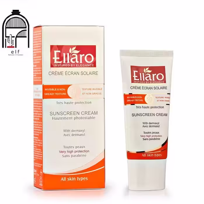 کرم ضد آفتاب spf50  بی رنگ مناسب انواع پوست الارو ellaro invisible and non greasy sunscreen cream