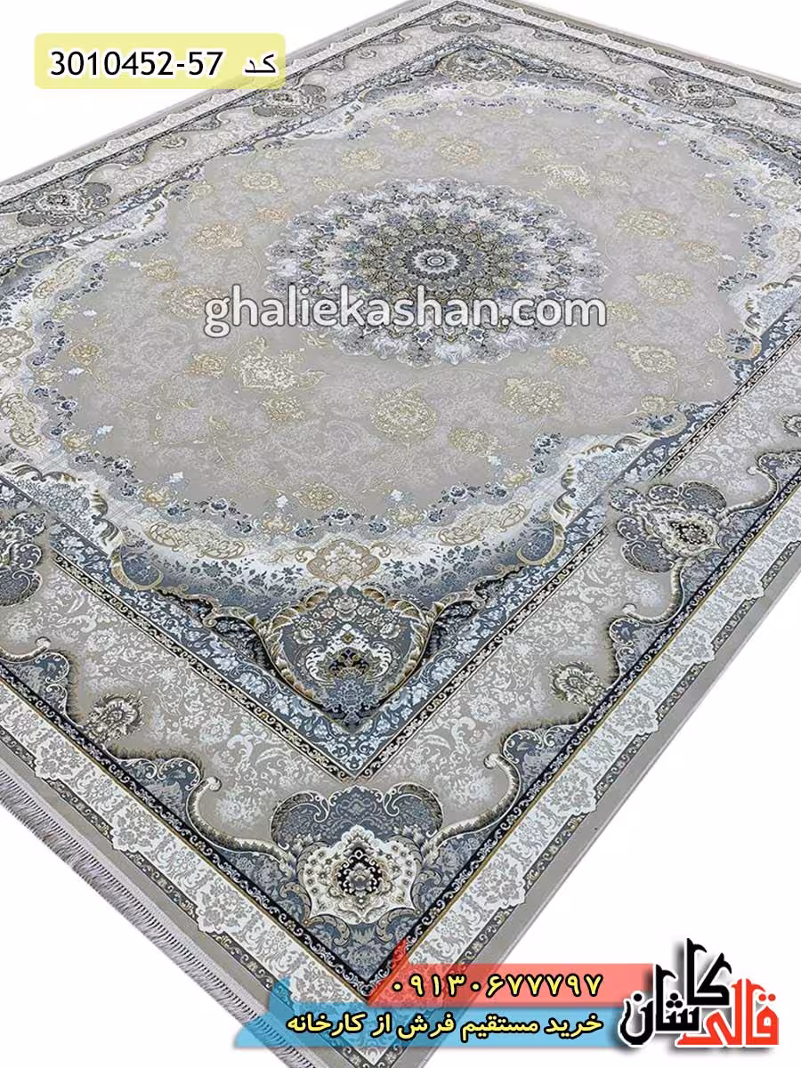 فرش طلاکوب 1500 شانه طرح معراج زمینه صدفی کاشان – گل برجسته