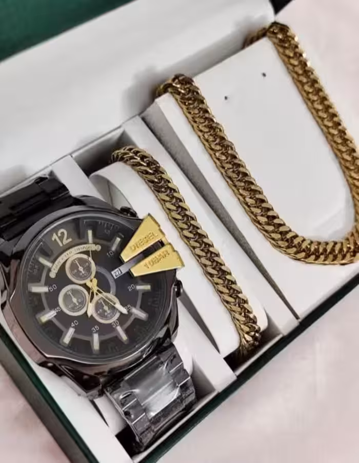 ست ساعت مچی عقربه ای و دستبند و گردنبند دیزل شاخدار