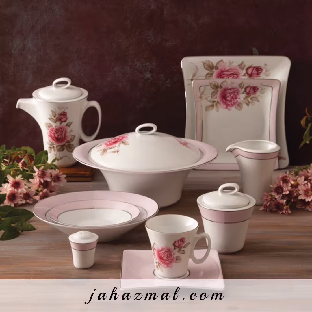 سرویس چینی زرین طرح رزفلاور پلاتینی 97 پارچه