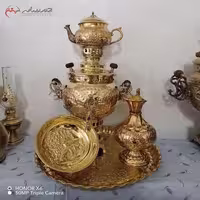 سرویس 5 پارچه سماور برنجی ذغالی 3 لیتری تبریز با سینی سنتی قلم زنی طلایی و آنتیک
