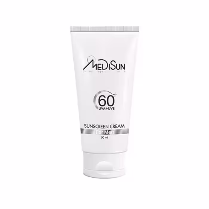 کرم ضد آفتاب بی رنگ آقایان مدیسان مدل SPF 60 مناسب انواع پوست حجم 50 میلی لیتری