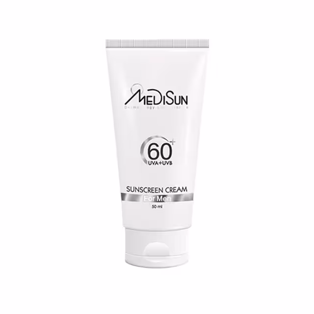 کرم ضد آفتاب بی رنگ آقایان مدیسان مدل SPF 60 مناسب انواع پوست حجم 50 میلی لیتری