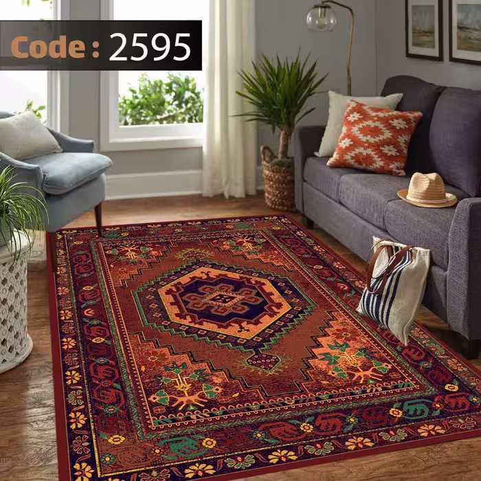 کاورفرش روفرشی دورکشدار گوشه لیفه ای لاکی ، آبی و متنوع کد 2595