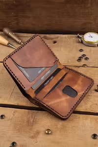 کیف پول مردانه قهوه ای دست دوز چرم اصل - 361