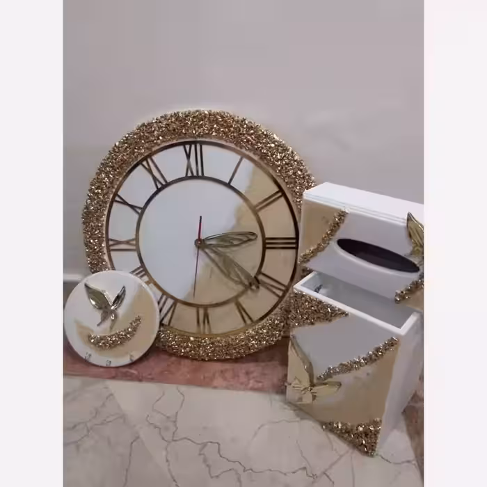 ست ساعت دیواری قطر50وجاکلیدی وسطل وجادستمال کاغذی