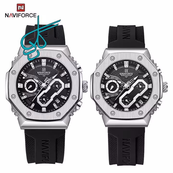 خرید ست ساعت زنانه و مردانه نیوی فورس Naviforce ضدآب موتور ژاپن سه موتوره فعال دارای بند با کیفیت حک مارک روی قفل و تقویم دار کد 2116204 - ردگل