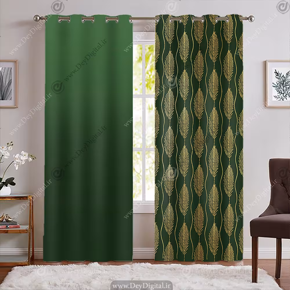 پرده ساده طرح برگ با زمینه سبز PK-7755