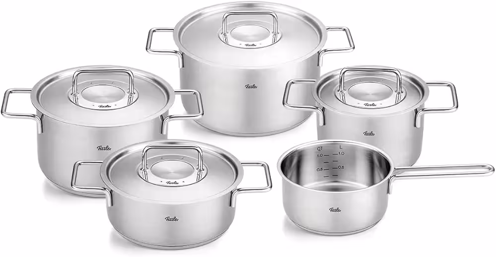 سرویس قابلمه استیل 9 پارچه برند Fissler آلمان مدل Pure Collection درب استیل