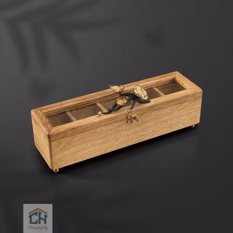 باکس پذیرایی چوب و برنج گلدکیش طرح butterfly wood مدل GK829824