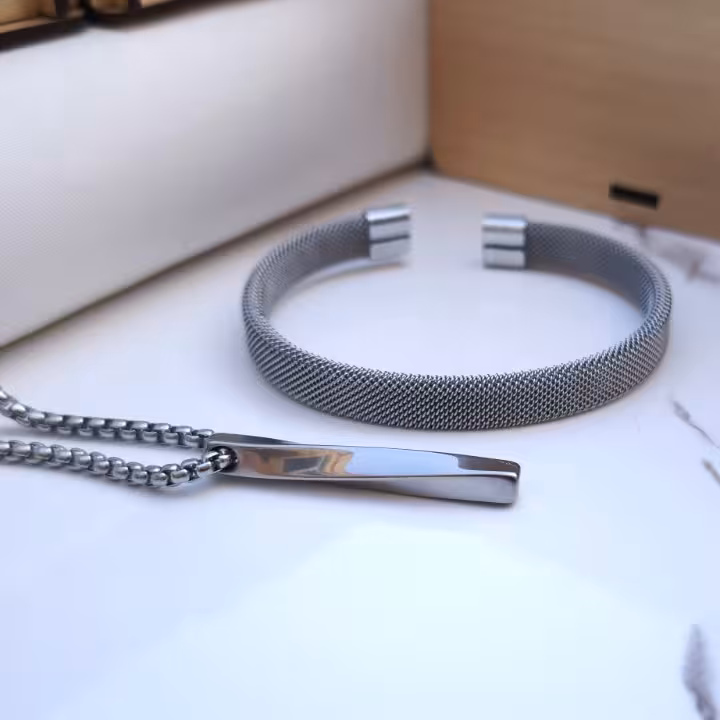 ست بنگل و گردنبند پسرانه نقره ای