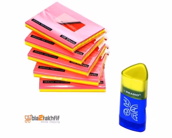 کاغذ یادداشت چسب دار بسته 5 عددی به همراه پاکن تراش پیکاسو