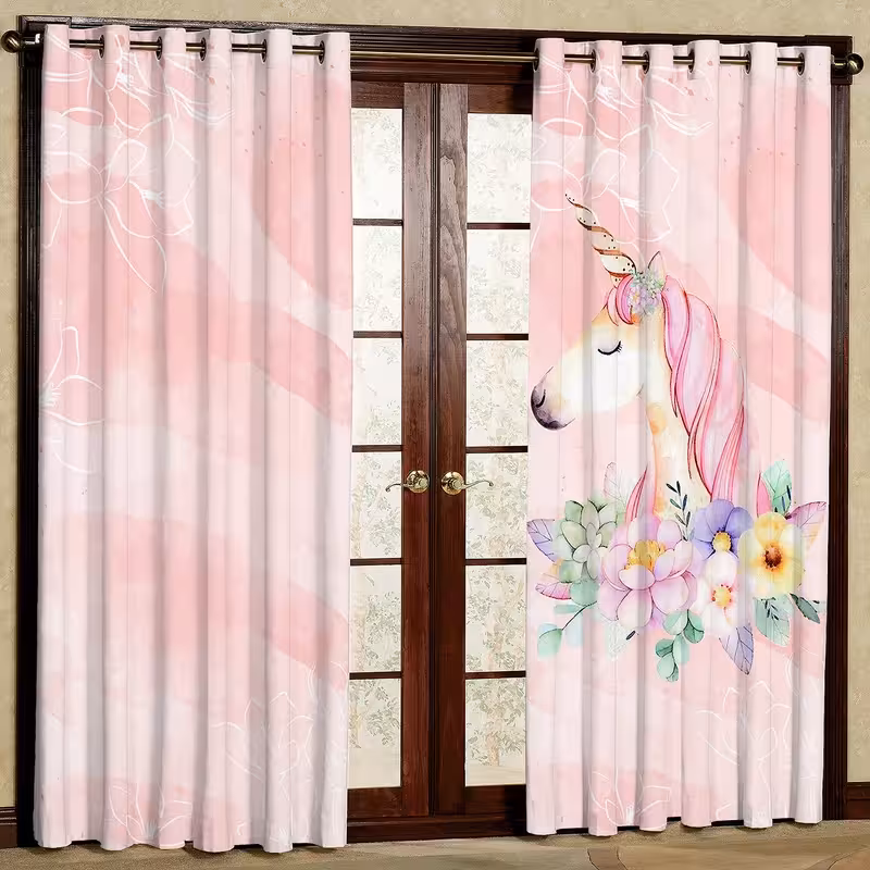 پرده طرح فانتزی یونیکورن اتاق کودک 2 تکه از جنس مخمل