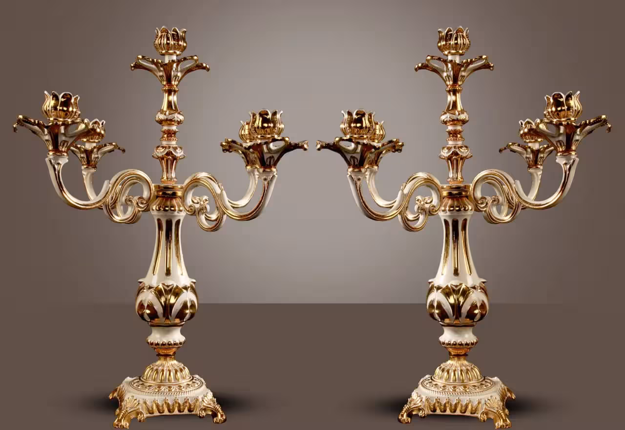 شمعدان پنج‌شاخه سلطنتی پتینه طلایی‌سفید