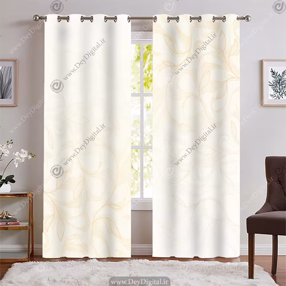 پرده پانچی کرم طلایی مدل ساده طرح برگ PK-7753