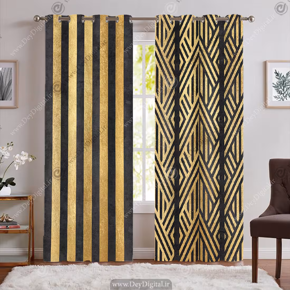 پرده فانتزی پانچی مدل پترن هندسی طلایی PK-7625