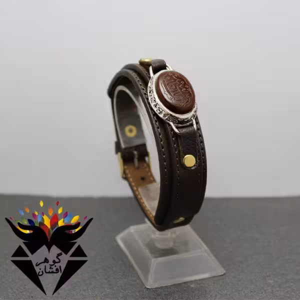 دستبند چرمی عقیق حکاکی یا اسد الله الغالب کد D_1032B