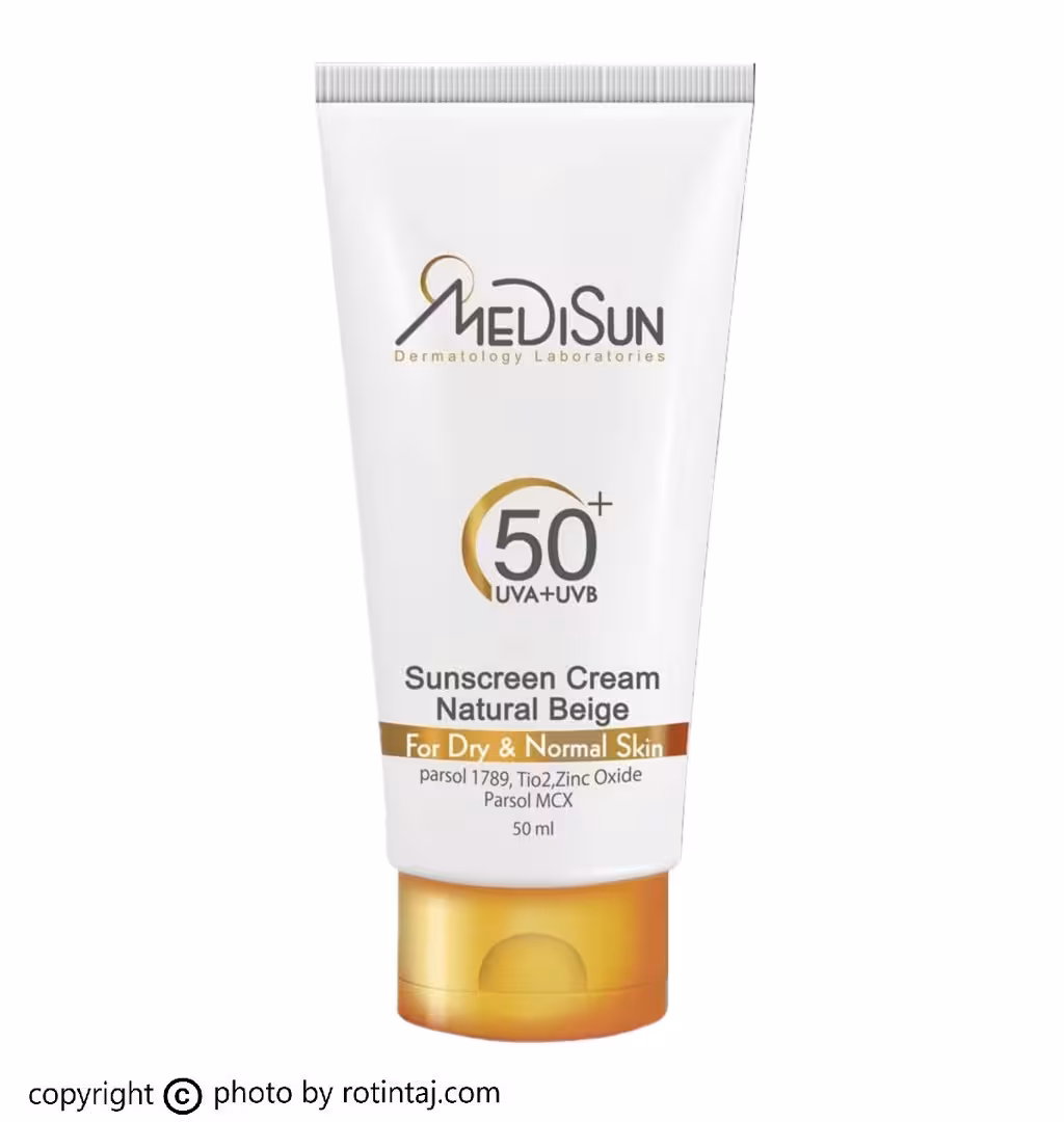 کرم ضد آفتاب بژ طبیعی SPF50 مدیسان مناسب پوست خشک و معمولی 50 میلی