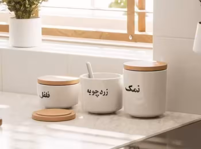 جا ادویه ای 3 عددی سرامیکی درب چوبی