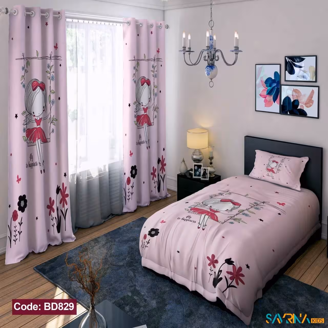 ست اتاق خواب دخترانه طرح دختر تاب سوار کد BD829