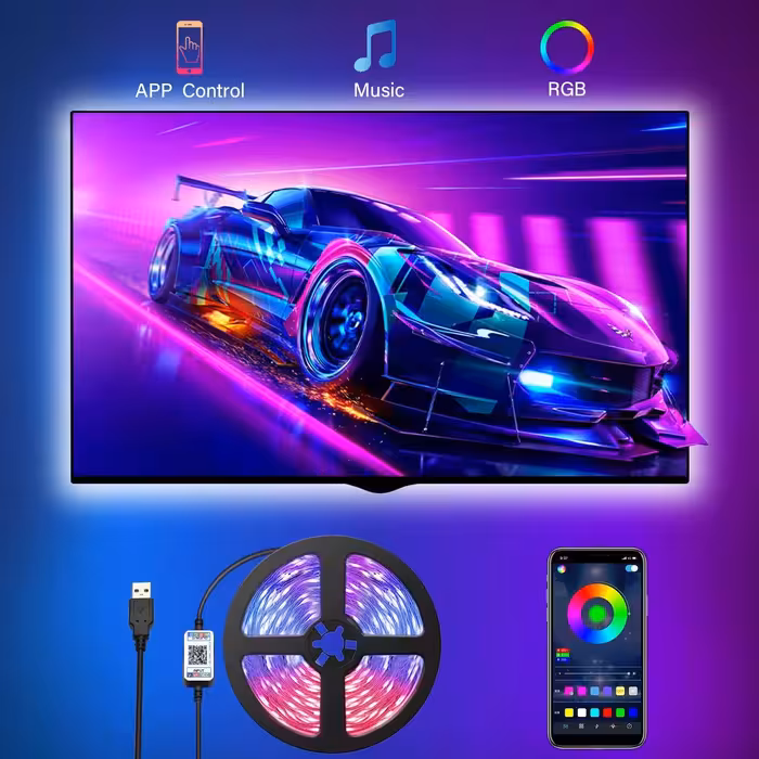 ریسه نور LED با کنترل برنامه بلوتوث برای تلویزیون Romwish 9.8FT LED Strip Lights