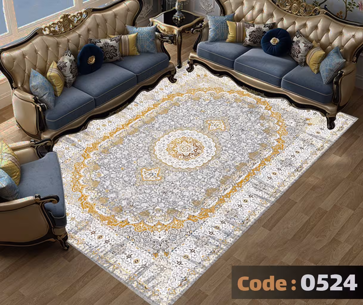 کاورفرش روفرشی دورکشدار گوشه لیفه ای طوسی کرم کد 0524