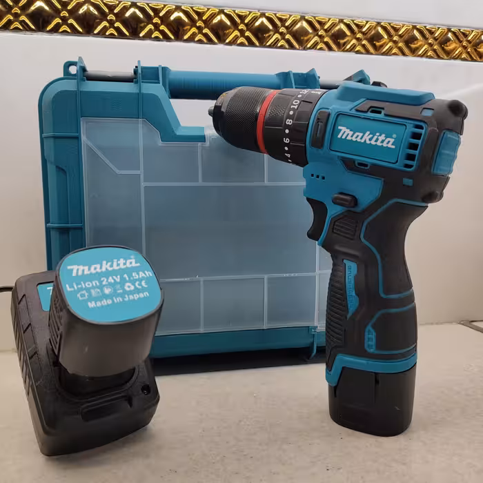 دریل شارژی صنعتی ماکیتا 24 ولت دوباتری سه نظام فلزی موتور براشلس همراه کیف و لوازم کامل پیچگوشتی شارژی ماکیتا 24 ولت