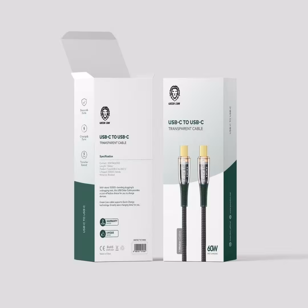 کابل تایپ سی به تایپ سی شفاف گرین Green usb-c to usb-c transparent cable