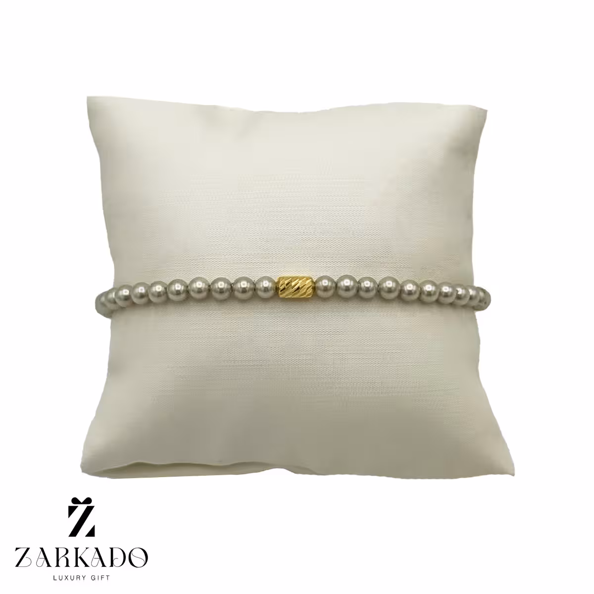 دستبند مرواریدی طوسی با گوی طلا کپسولی خطی کد B11778