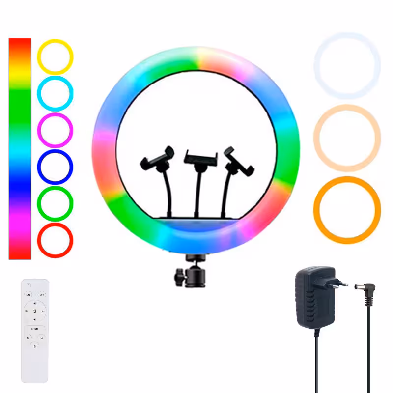 رینگ لایت مدل RGB LED 3D-56 به همراه 3 عدد هولدر گوشی و ریموت کنترل