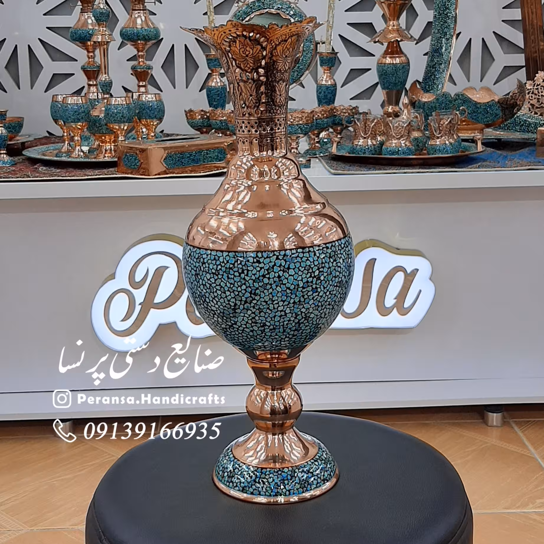 سنبلدان فیروزه کوبی و قلم زنی شده ارتفاع 45 سانتیمتر برند پرنسا ارسال رایگان