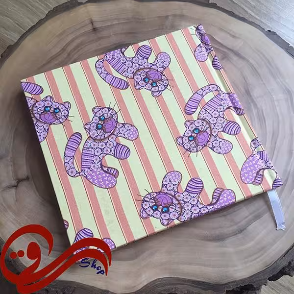 دفتر دست ساز پارچه ای طرح خشتی گربه بنفش زمینه را ه راه Fabric Handmade Notebook