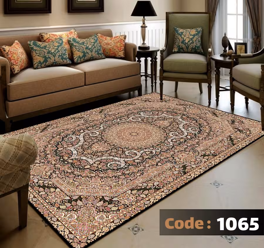 کاورفرش روفرشی دورکشدار گوشه لیفه ای لاکی ، آبی و متنوع کد 1065
